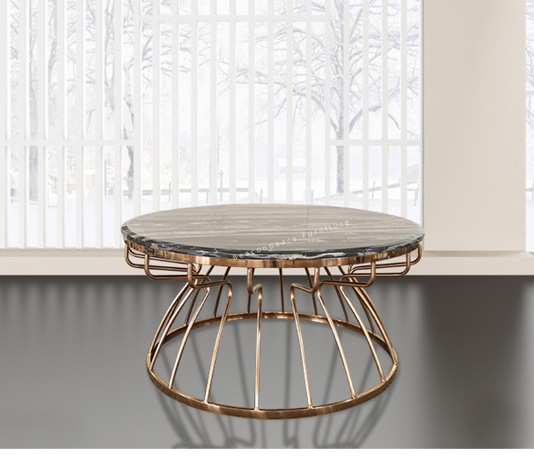 Low Round Marble Coffee Table with Gold Metal Frame