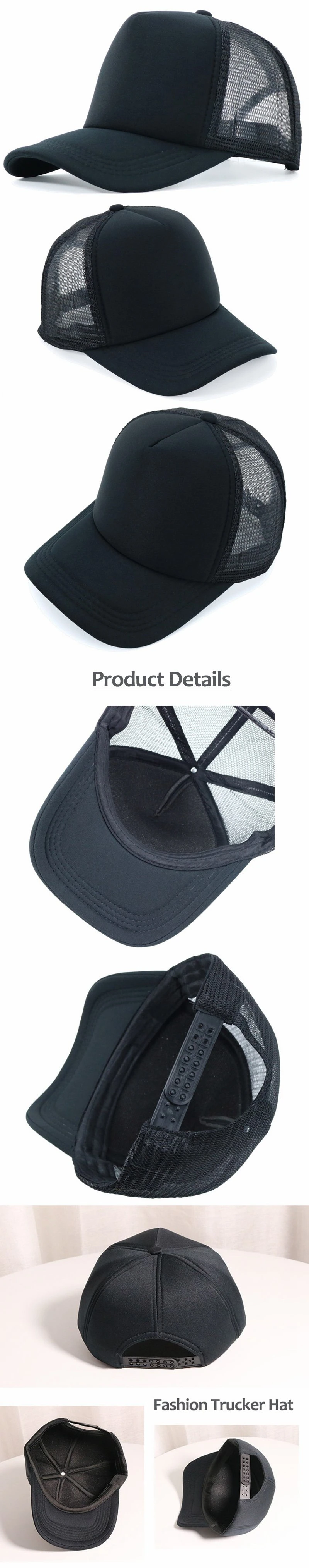 Wholesale High Profile Black Custom Men Embroidered Logo 5 Panel Mesh Trucker Hat Caps with Patch
