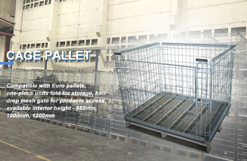 Industrial Galvanized Steel Metal Wire Pallet Cage with Wooden Pallet