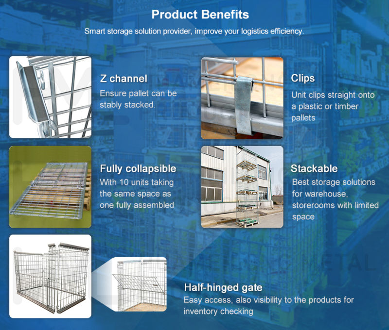 Industrial Galvanized Steel Metal Wire Pallet Cage with Wooden Pallet