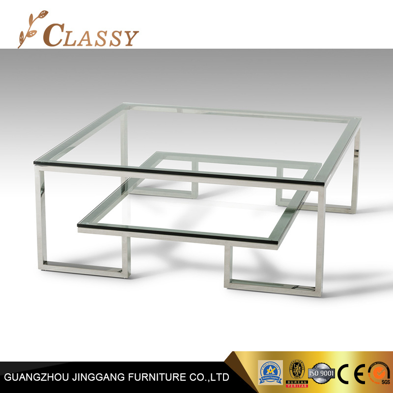 Silver Metal Glass Top Living Room Coffee Table