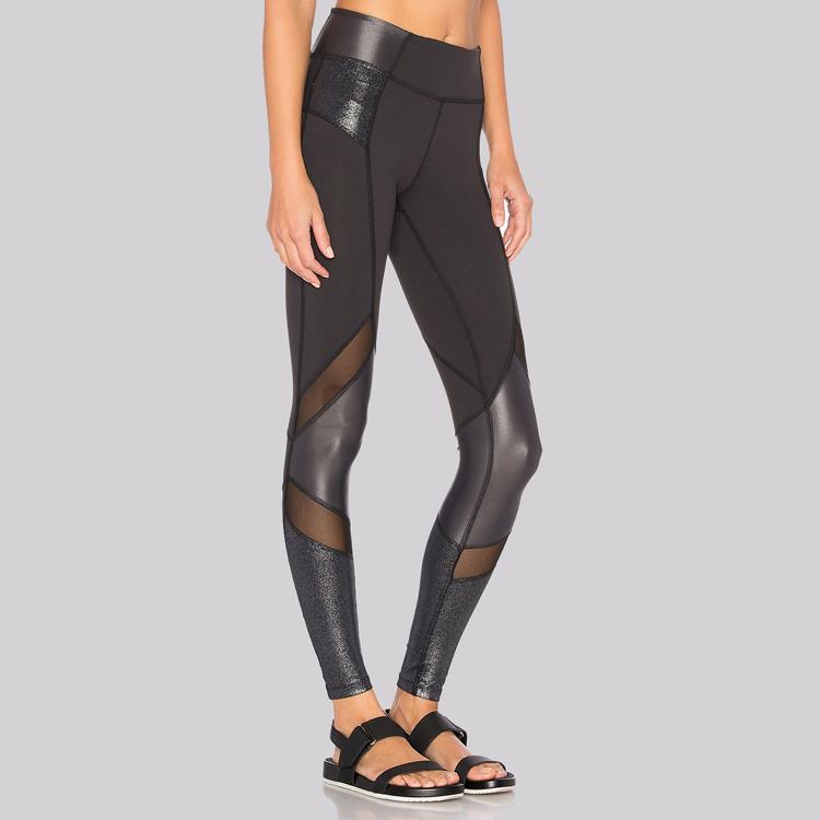Sexy New Custom Made Metallic Fabric Faux Leather Leggings with Mesh
