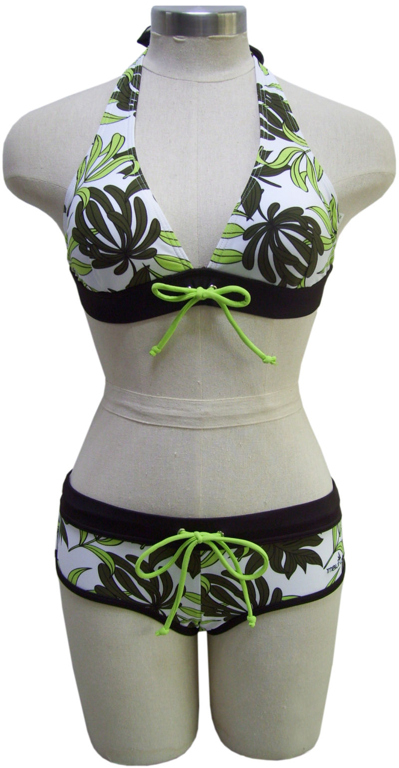 Ladies Ties Leaves Print Triangle Bikini Set Two Pieces Swimwear with Cords and Strings