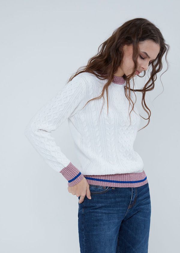 Woman Colorful Lurex Stripes Cable Knitting Sweater Jumper with Long Sleeves