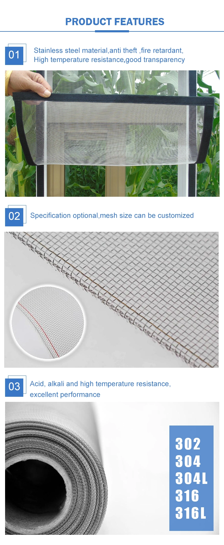 Factory Price 14X14mesh Stainless Steel Wire Mesh Window Screening Insect Netting