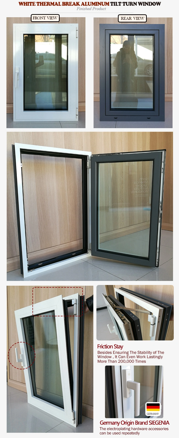 China Window Manufacture Sample Free Thermal Break Aluminum Casement Tilt Turn Two Opening Ways Windows