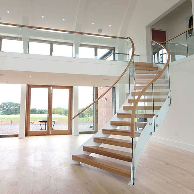 Cheap Price Glass Railing Curved Staircase Glass Wooden Curved Stairs Design