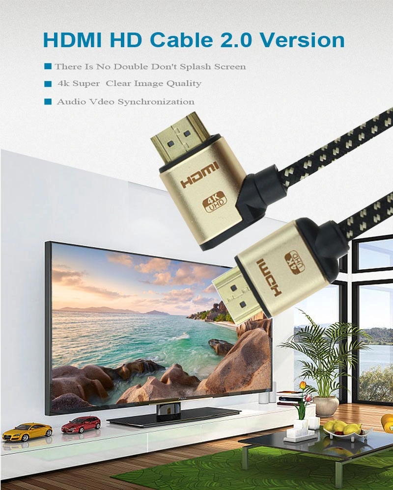 Wholesale Metal Shell 1.4 HDMI Cable with Braid Nylon Mesh Right Angle 90degree HDMI Cable 4K