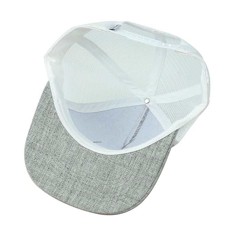Custom Flat Brim Trucker Mesh Cap with Leather Patch Logo, Acrylic Wool Fabric Mesh Hat