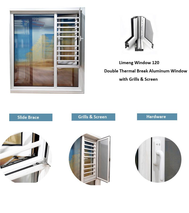Double Thermal Break Aluminum Window with Grills/Stainless Steel Screen