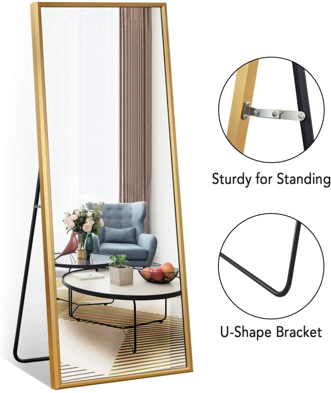Gold Full Length Dressing Mirror Standing Mirror Floor Mirror Full Body Mirror with Wide Beveled Frame U-Shape Bracket