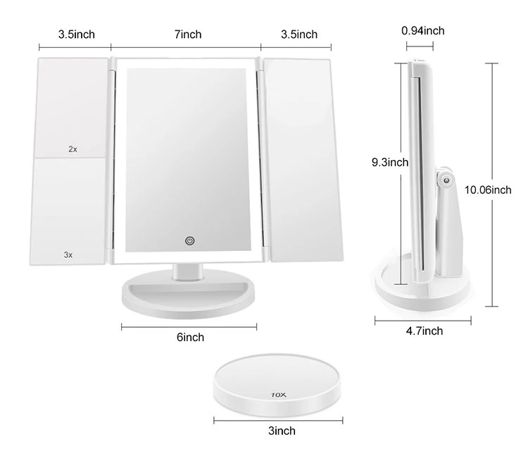 Hot Selling Home Products Trifold LED Makeup Mirror Table Mirror with 2X 3X Magnifying Mirror