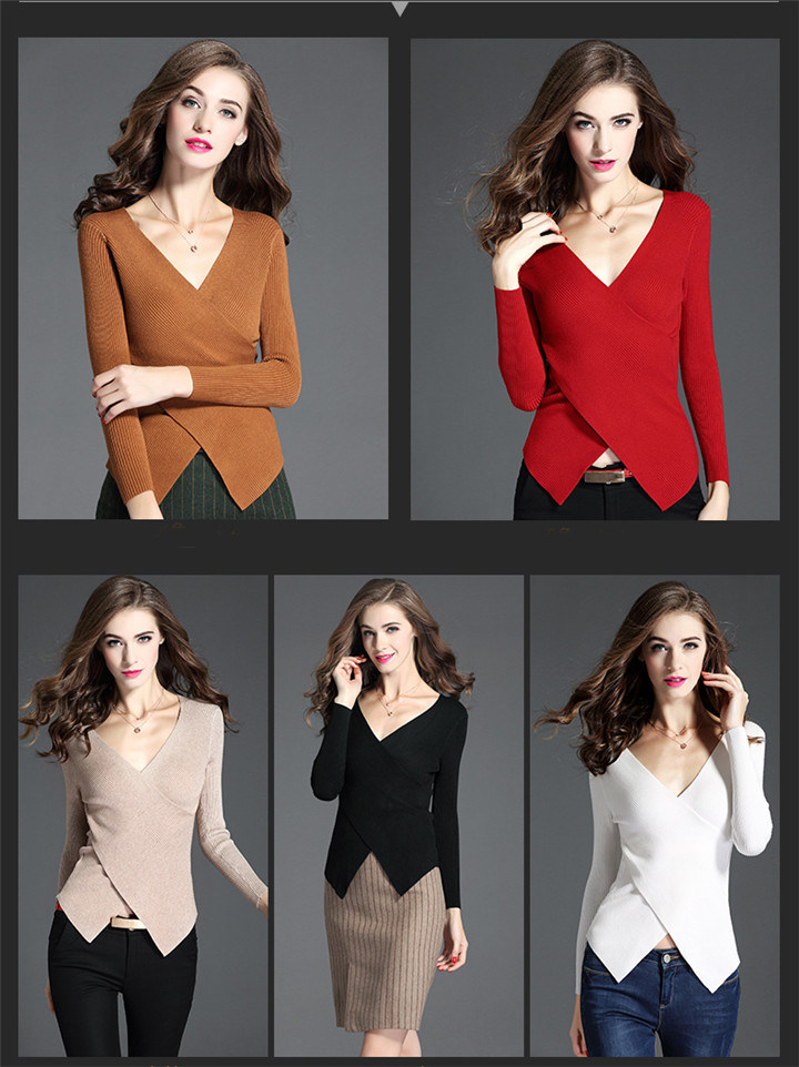 New Design Four Colors Ladies V-Neck Knitted Sweater Comfortable Fabric Pullover Wholesale