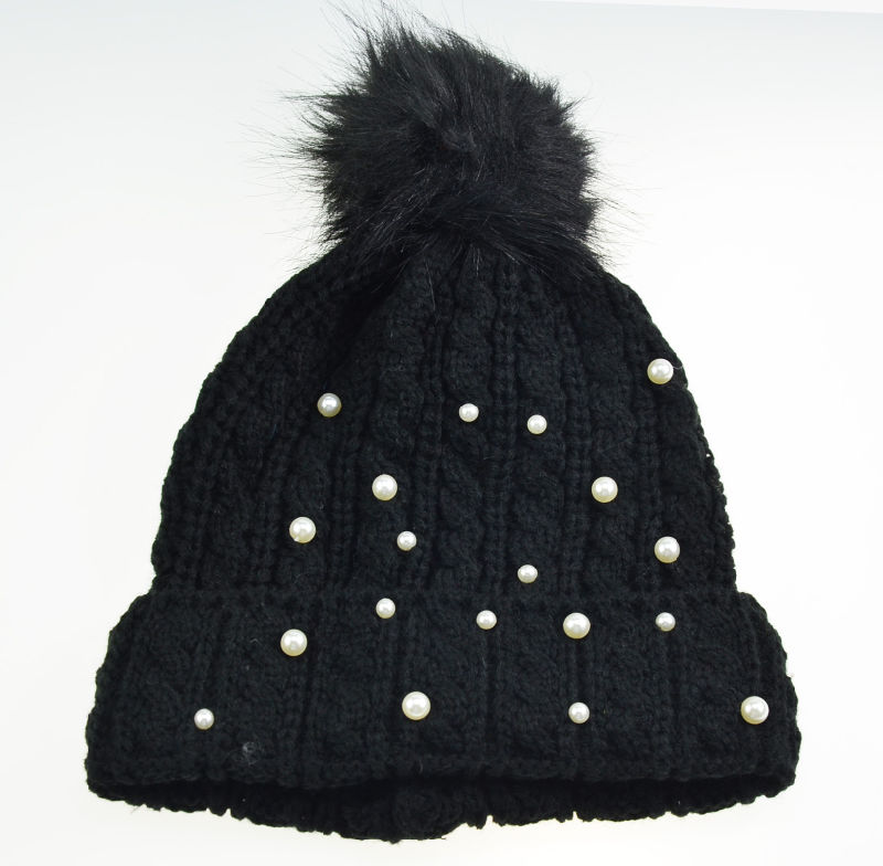 Women Lady New Design Plain Winter Knitted Hat with Pearl