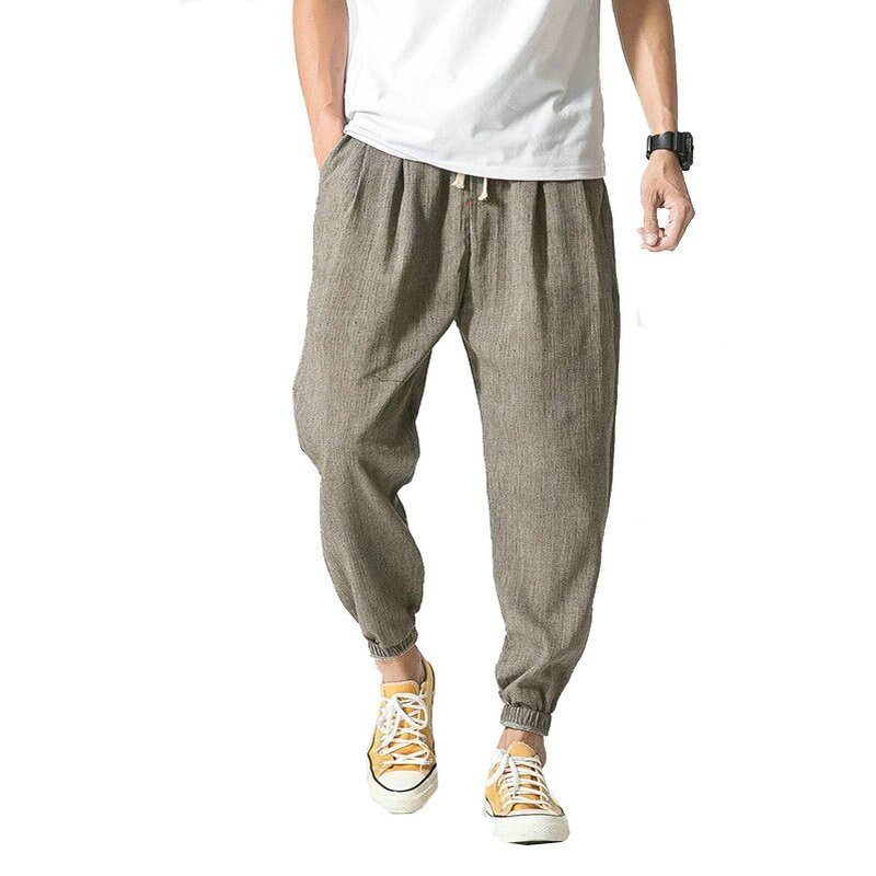 100% Linen Cotton Leisure Pants Drawstring Waist Men's Pants Trousers
