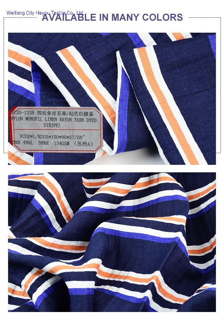 Nylon Monofil Yarn Dyed Stripe Linen Rayon Fabric for Dresses