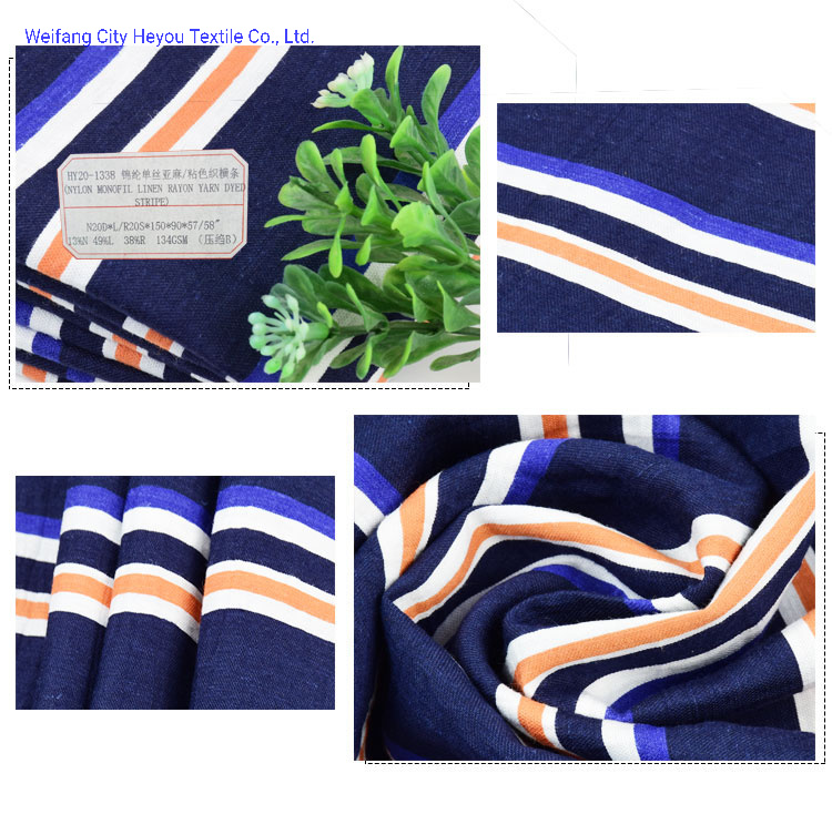 Nylon Monofil Yarn Dyed Stripe Linen Rayon Fabric for Dresses