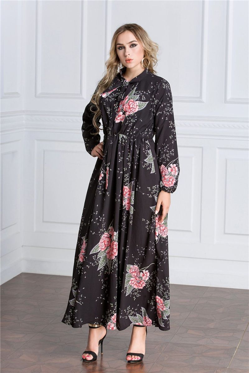 Thick Chiffon Fabric Flower Printed Waist Clothing Women Maxi Dresses Closed