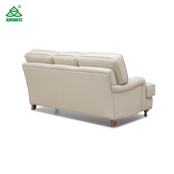 American Style Hotel Lobby Sofa, Linen Fabric 3 Seater Sofa Solid Wood Legs