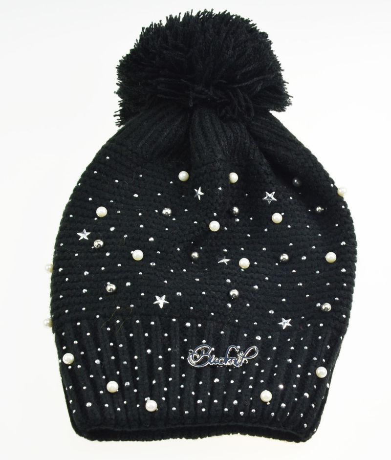 Women Lady New Design Plain Winter Knitted Hat with Pearl