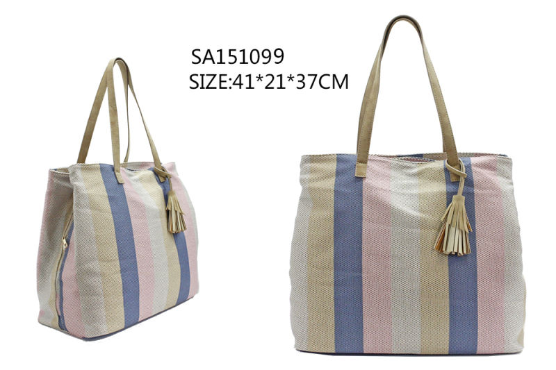 Lady Hot Selling Fashion Striped Tassel Bags Canvas Tote Shopping Bag