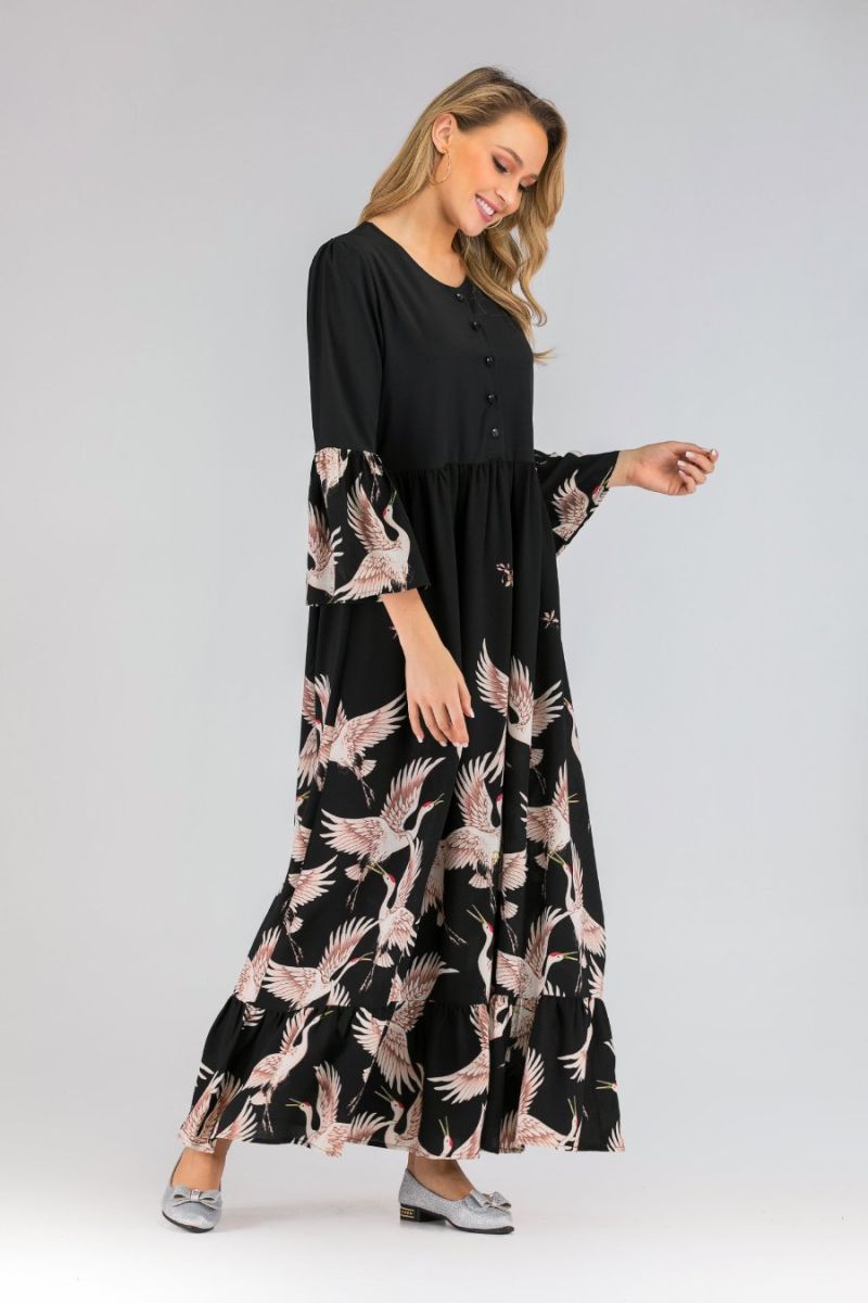 Fashion Long Bubble Chiffon Fabric Dress with Printed for Women Islamic