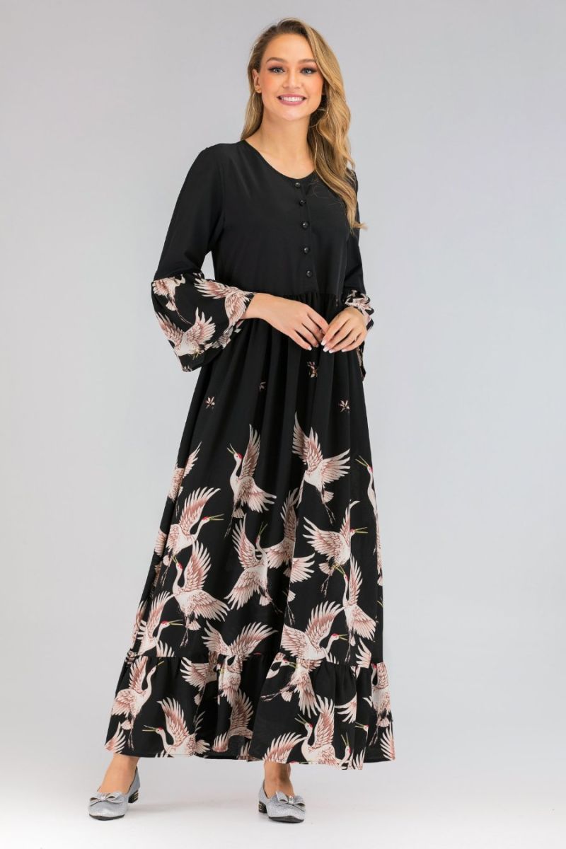 Fashion Long Bubble Chiffon Fabric Dress with Printed for Women Islamic