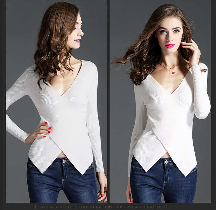 New Design Four Colors Ladies V-Neck Knitted Sweater Comfortable Fabric Pullover Wholesale