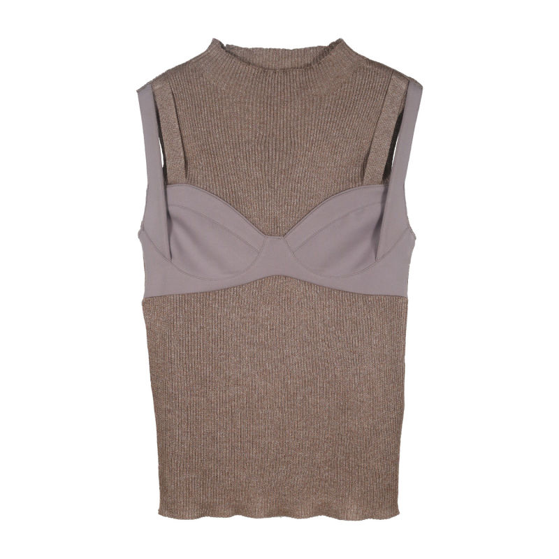 Lady's Knitted Vest with Fabric, Sweater Lurex, Half Collar, Rib Structure