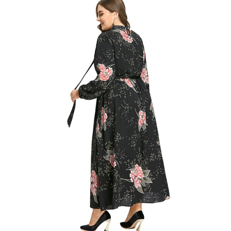 Thick Chiffon Fabric Flower Printed Waist Clothing Women Maxi Dresses Closed