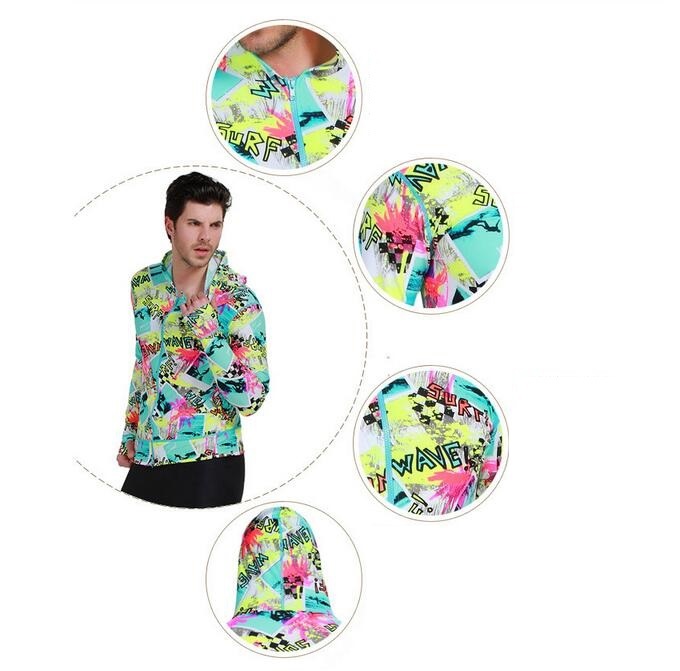 Men Long Sleeve Printed Front Zip Rash Guards for Surfing Swimming Upf 50 Fabric Tops