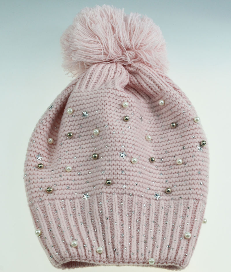 Women Lady New Design Plain Winter Knitted Hat with Pearl