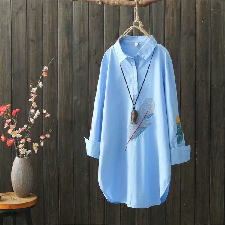 Lady's New Fashion Linen or Cotton Long Sleeve Embroidered Shirt