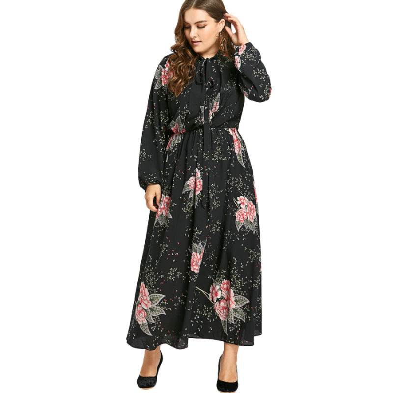 Thick Chiffon Fabric Flower Printed Waist Clothing Women Maxi Dresses Closed