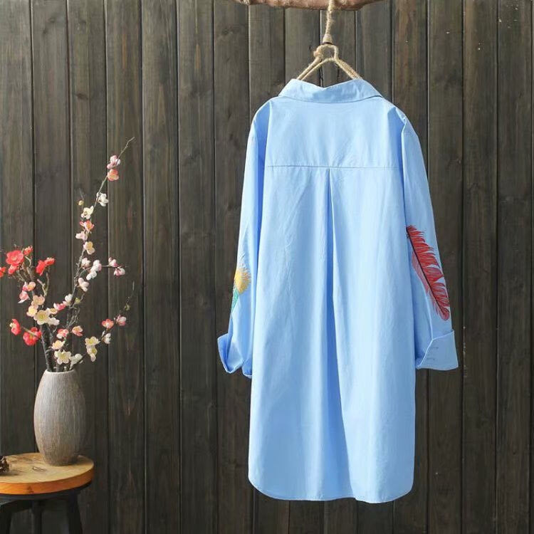 Lady's New Fashion Linen or Cotton Long Sleeve Embroidered Shirt