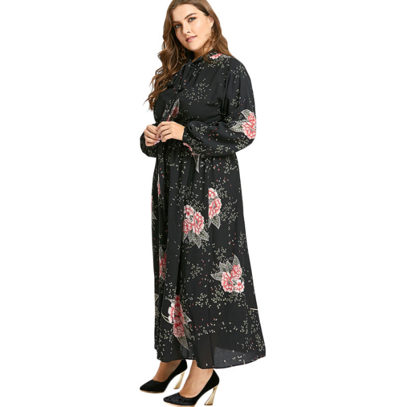 Thick Chiffon Fabric Flower Printed Waist Clothing Women Maxi Dresses Closed