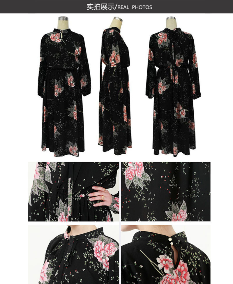 Thick Chiffon Fabric Flower Printed Waist Clothing Women Maxi Dresses Closed