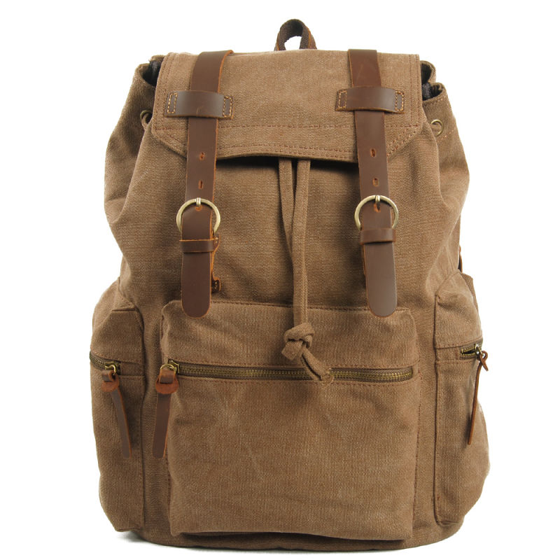 Leisure Heavy Fabric Backpack with Leather Strap Metal Buckle School Bag (RS-1039)