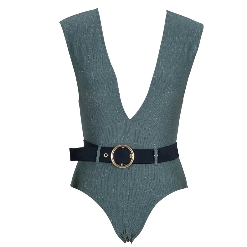 Ladies Lurex Fabric Swimwear with Belt and Gold Ring One-Piece