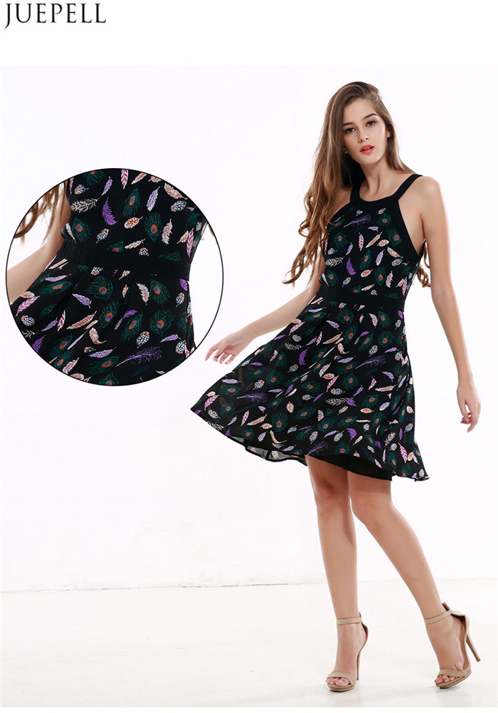 Feather Printing Summer New Slim Chiffon Print Dress Long Section of The Sleeveless Dress Bottoming a Word Women Dresses