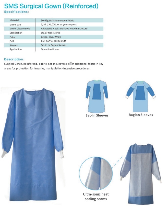 Disposable 45GSM SMS Non-Woven Fabric Protective Reinforced Surgical Gown