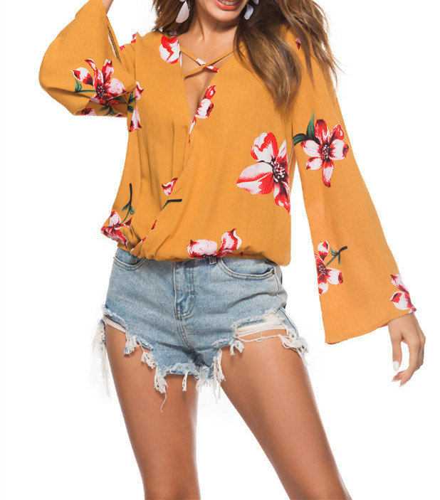 Fashion Holiday Flower Print Viscose Blouse for Women