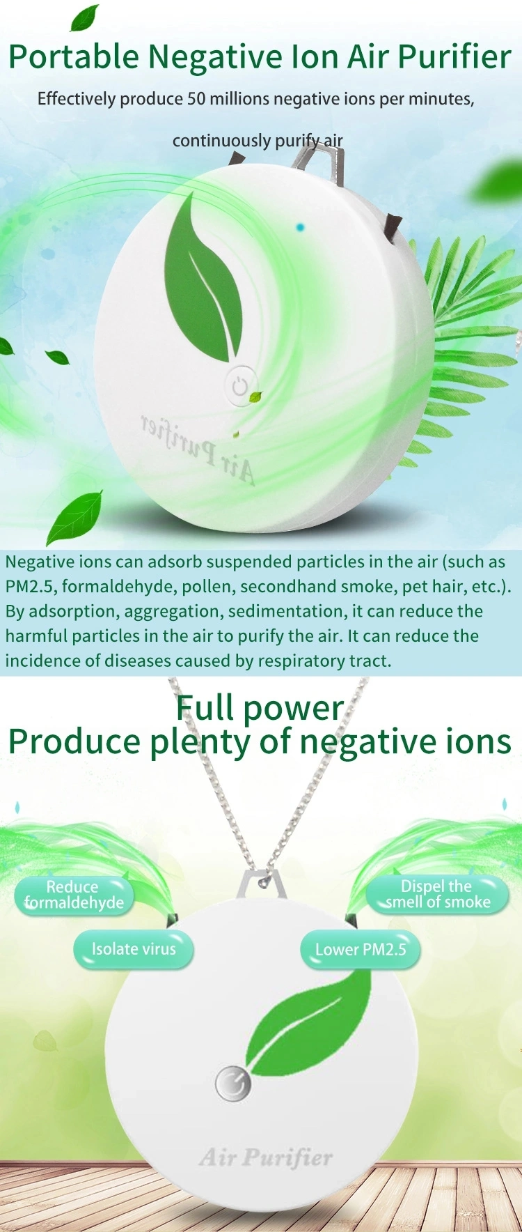 Air Purifier Necklace, USB Portable Air Filter Negative Ion Generator, Wearable Air Purifier Necklace for Eliminates Smoke