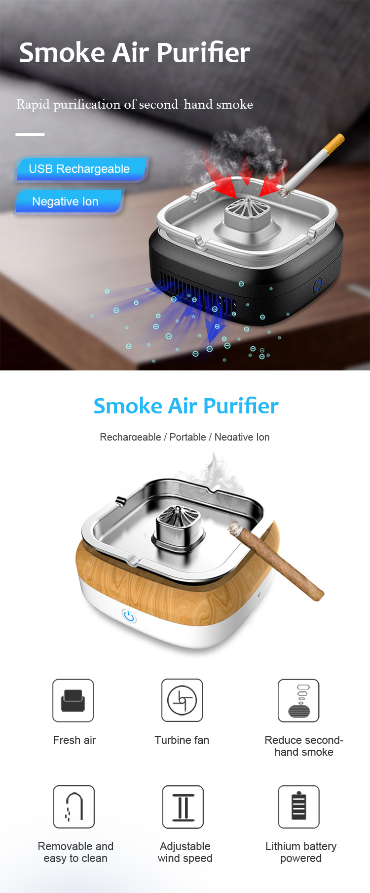Ashtray Purifier Rechargeable Portable Air Purifier Smoke Negative Ion Home Car Lithium Battery