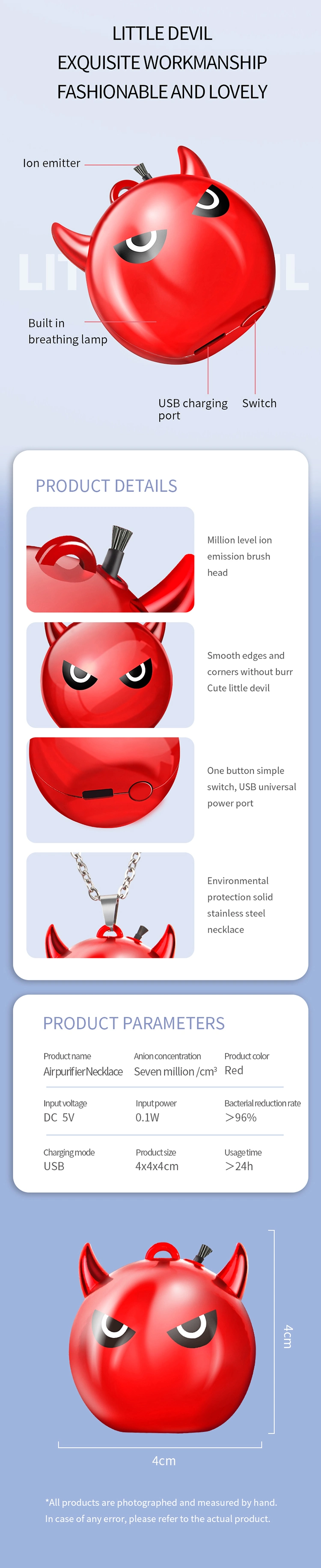 LINLI USB Chargeable Red Little Devil Design Personal Portable Air Purifier, Mini Air Purifier Necklace