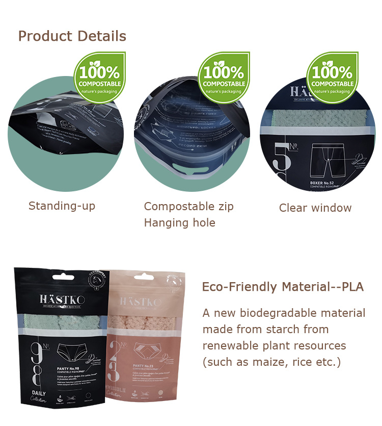 Biodegradable Stand up Sealed Underwear Zip Packaging Pouches Bag