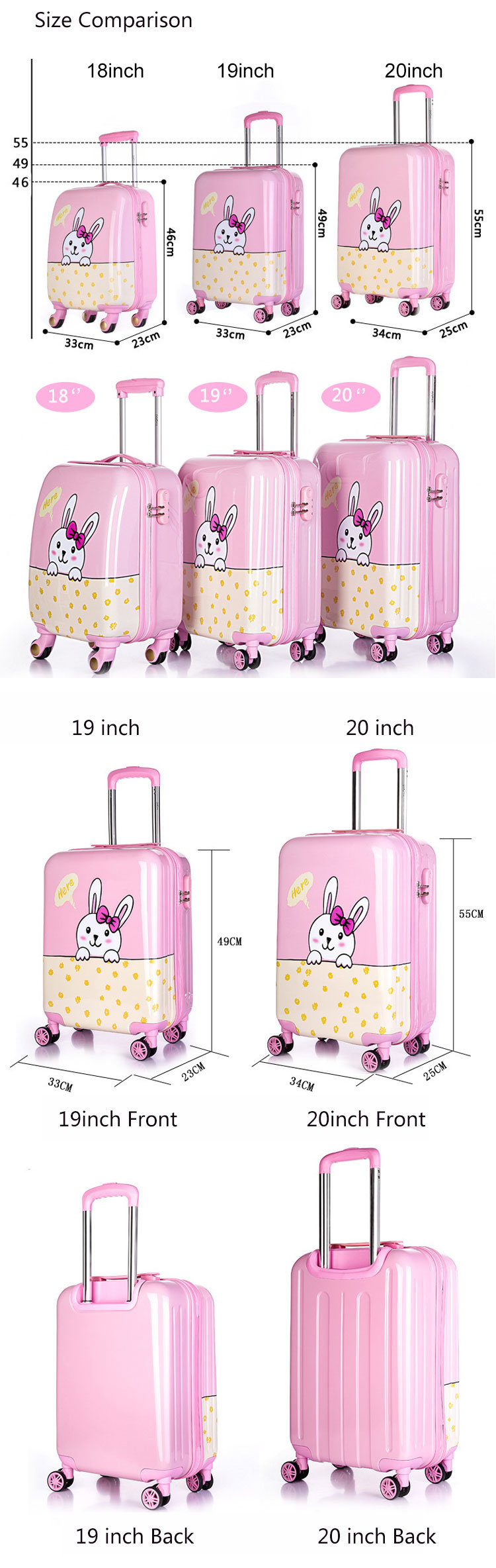 3PCS Kids Travel Trolley Luggage Bag Cartoon Suitcase Sets