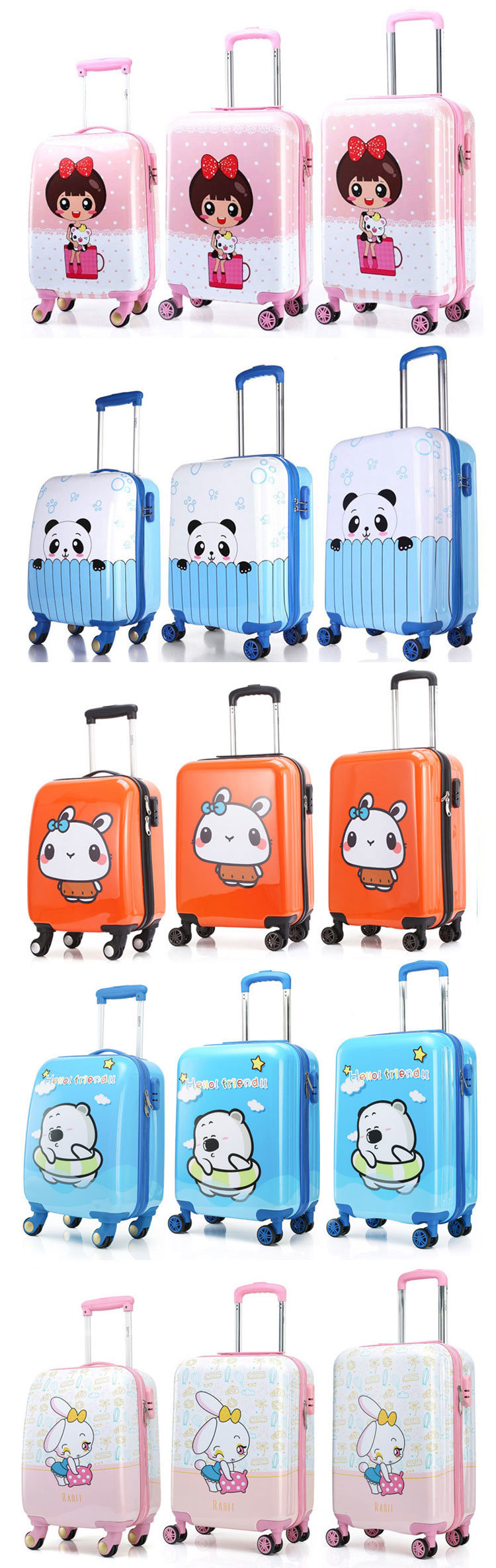 3PCS Kids Travel Trolley Luggage Bag Cartoon Suitcase Sets