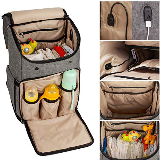 USB Charging Port Diaper Bag Baby Backpack Multi-Function with Stroller Strap
