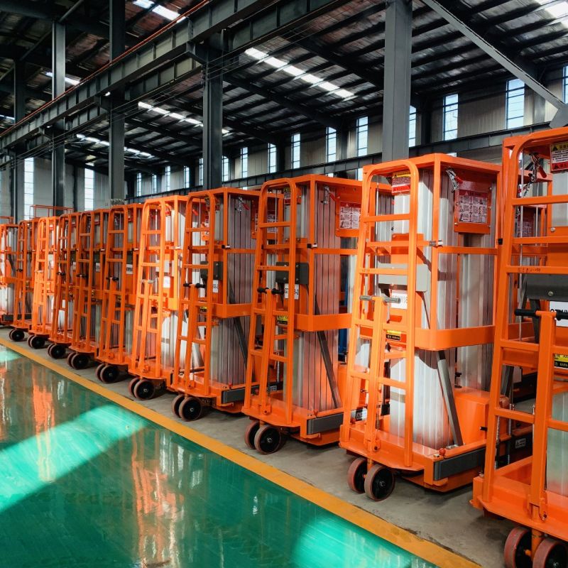 China Qiyun Aluminum Alloy Lift Hydraulic Two Masts Man Lift Aerial Working Lift in Stock